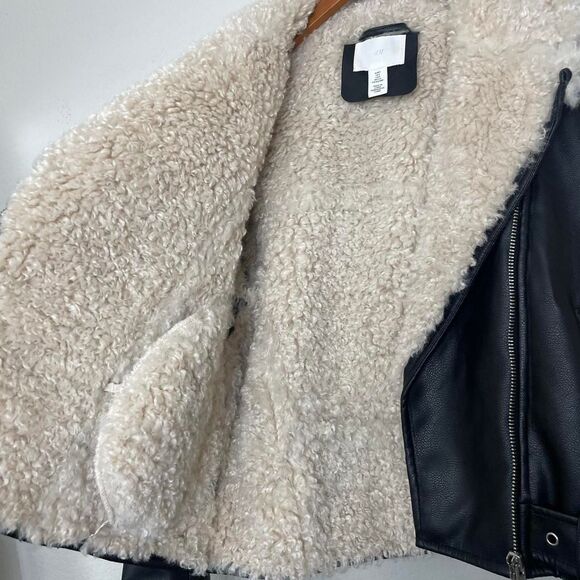 H&M Black Faux Leather Teddy Jacket Cream Shearling Lined Faux Fur Trim Sz Small - Picture 7 of 8